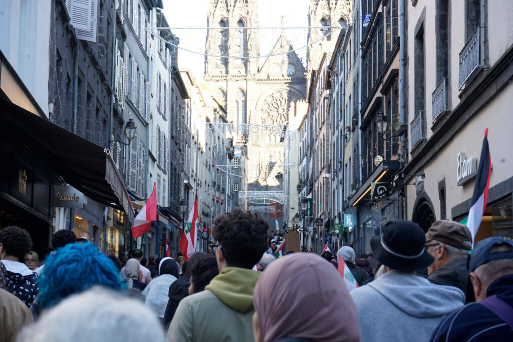 On voit ici la rue des Gras de Clermont-Ferrand, pleine de manifestants. On aperçoit en fond, la cathédrale, vers laquelle le cortège se dirige.