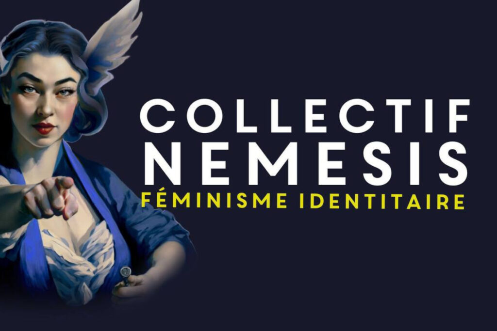 Fond bleu marine sur lequel apparaît Némésis, la déesse grecque de la vengeance et de la justice, aux côtés de l'inscription "Collectif Némésis, féminisme identitaire"