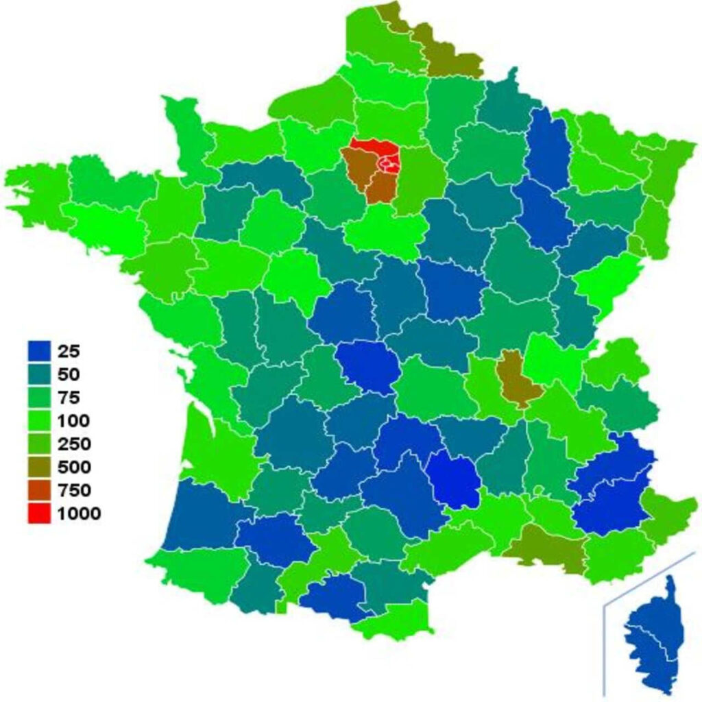 Carte de la densité de population des départements français au nombre d'habitants par kilomètre carré.