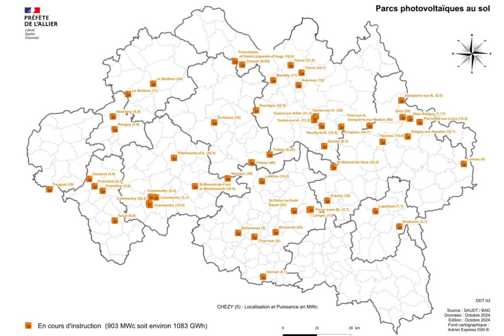 Carte montrant la localisation des projets de parcs photovoltaïques au sol en cours d’instruction dans l’Allier.