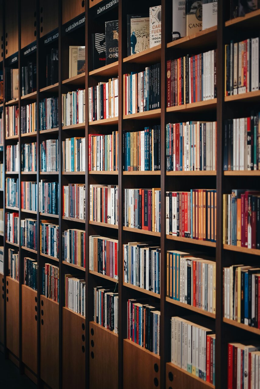 Sur une bibliothèque en bois, des livres sont alignés.