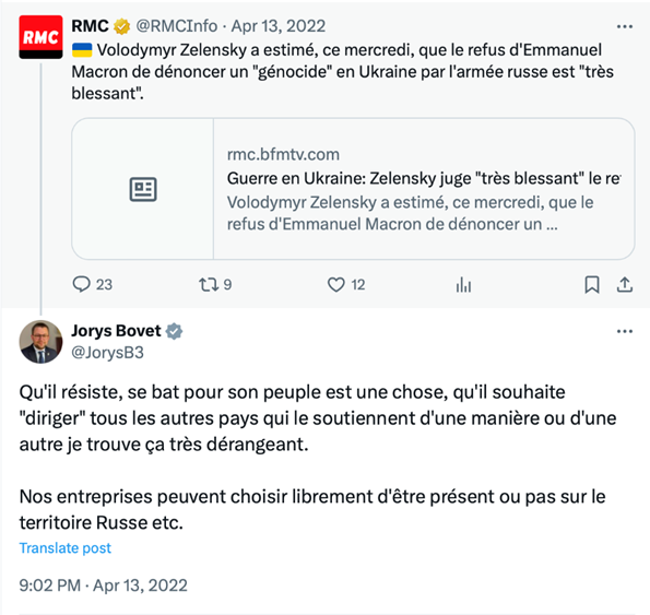 On peut voir sur cette photo une capture d’écran du compte X de Jorys Bovet où celui-ci publie un tweet dans lequel il exprime le souhait que les entreprises françaises puissent continuer à être présentes en Russie, en dépit de l'invasion en Ukraine. 